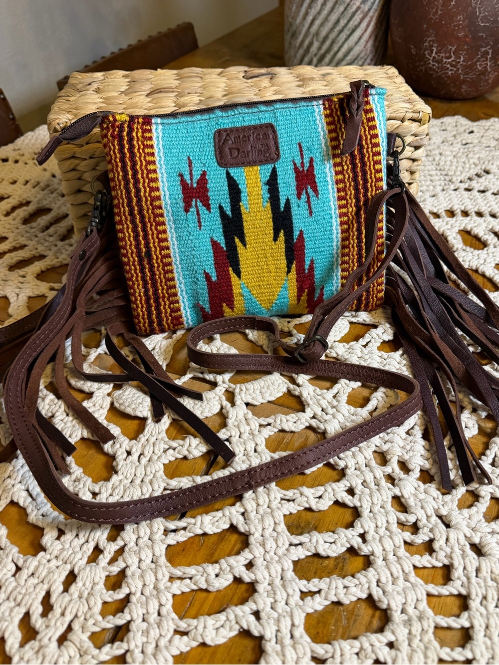 American Darling Turquoise Aztec Fringe Crossbody Bag Tooled Leather Western